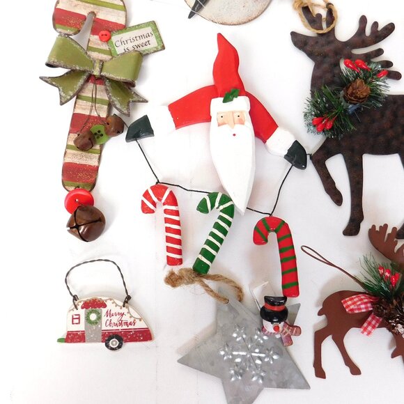 Christmas Ornament Lot Rustic Primitive Country Farmhouse Folk Art Metal Wood - Picture 3 of 8